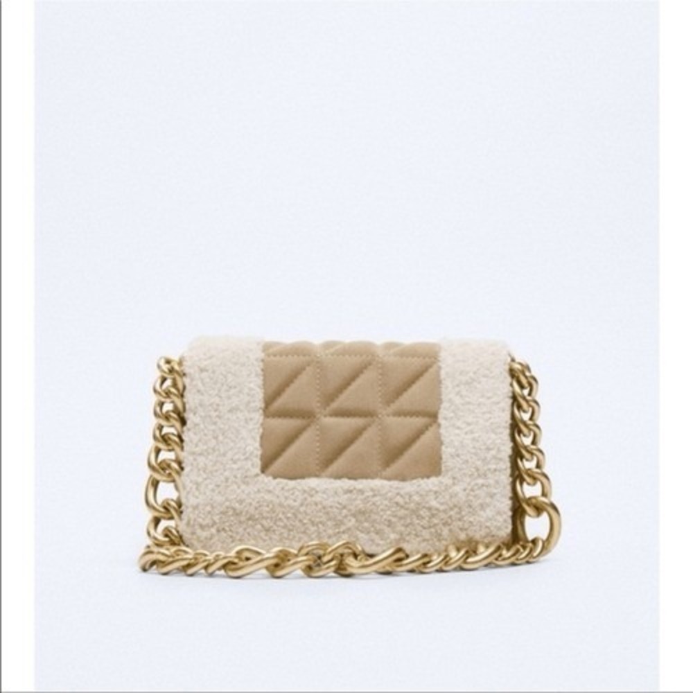 Zara Quilted Faux Suede and Shearling Shoulder Bag Tan Gold Chain Handle